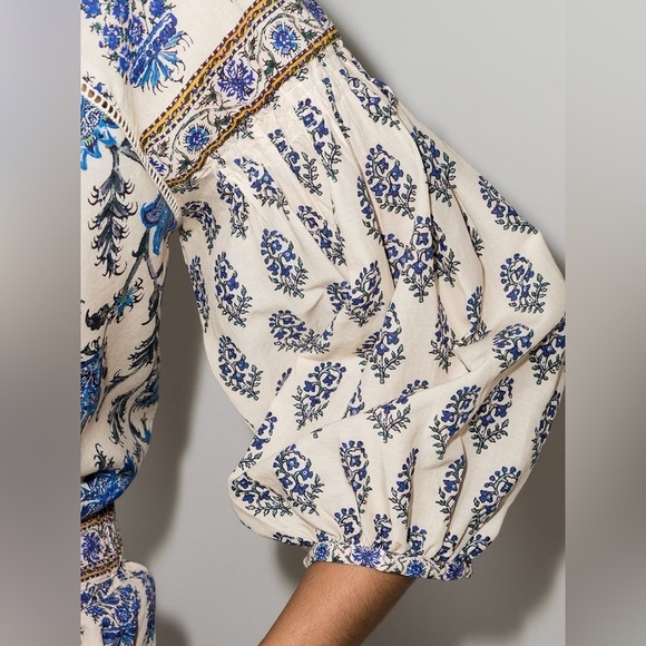 Boteh / Lazuli Smock Top neutral floral puff sleeve Blue 1 small 4 - Picture 9 of 12